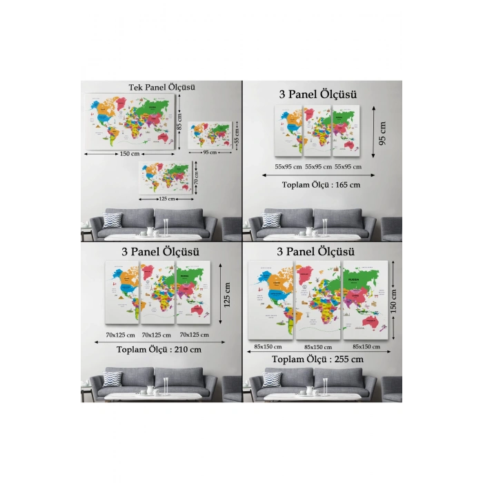 Dünya Haritası Dekoratif Kanvas Tablo Ülke ve Başkentli Öğretici ve Sembollü 2273