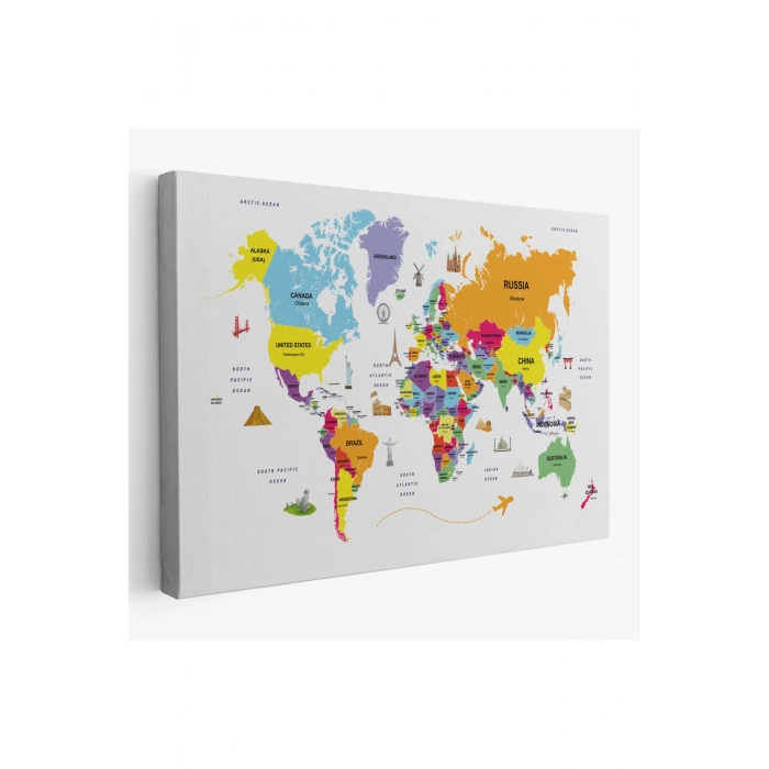 Dünya Haritası Dekoratif Kanvas Tablo Ülke ve Başkentli Öğretici ve Sembollü 2281