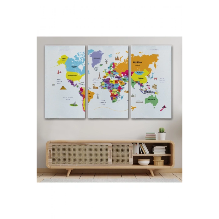 Dünya Haritası Dekoratif Kanvas Tablo Ülke ve Başkentli Öğretici ve Sembollü 2281