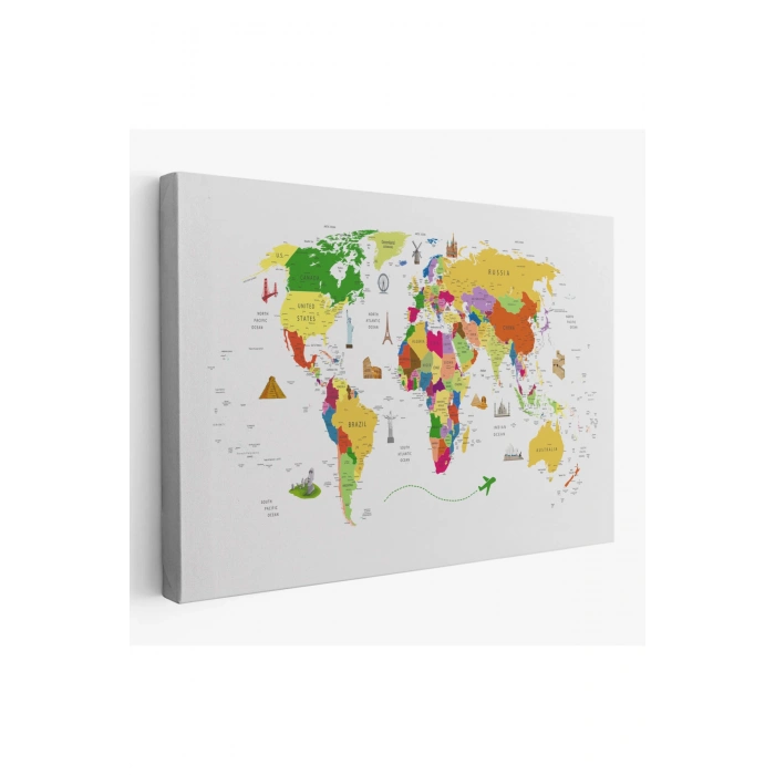 Dünya Haritası Dekoratif Kanvas Tablo Ülke ve Başkentli Öğretici ve Sembollü 2287