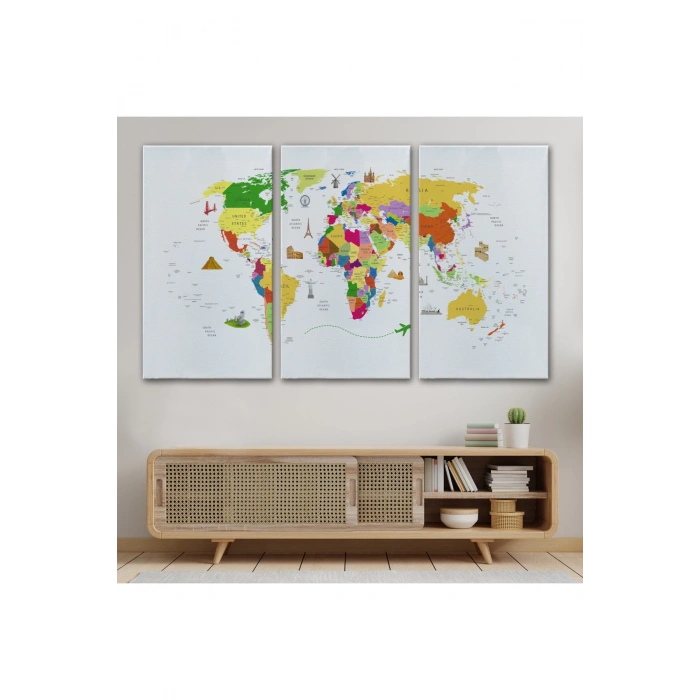 Dünya Haritası Dekoratif Kanvas Tablo Ülke ve Başkentli Öğretici ve Sembollü 2287