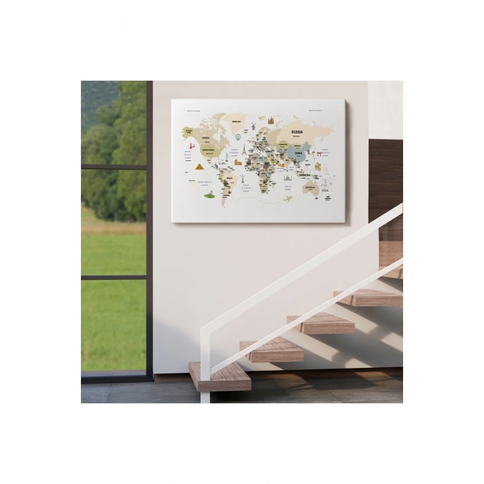 Dünya Haritası Dekoratif Kanvas Tablo Ülke ve Başkentli Öğretici ve Sembollü 2301