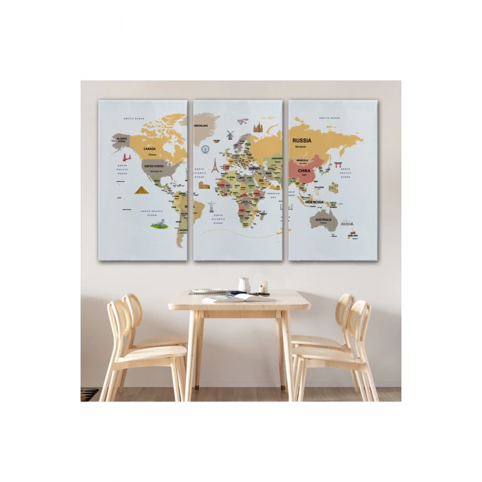 Dünya Haritası Dekoratif Kanvas Tablo Ülke ve Başkentli Öğretici ve Sembollü 2303
