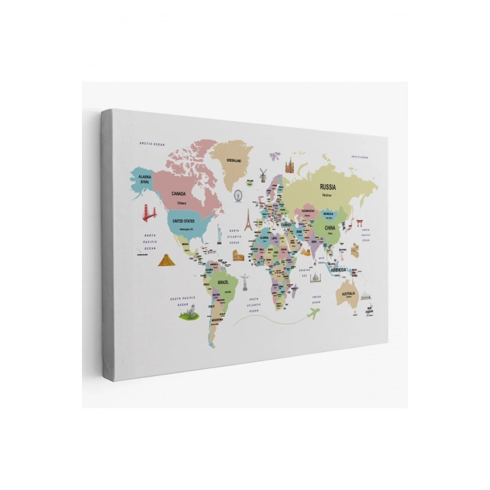 Dünya Haritası Dekoratif Kanvas Tablo Ülke ve Başkentli Öğretici ve Sembollü 2307