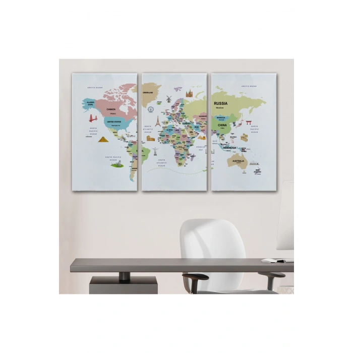 Dünya Haritası Dekoratif Kanvas Tablo Ülke ve Başkentli Öğretici ve Sembollü 2307