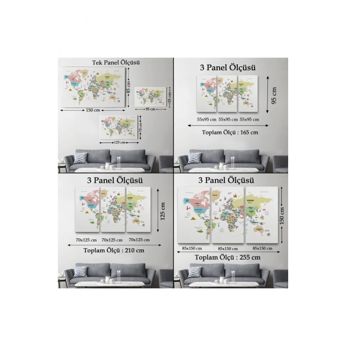 Dünya Haritası Dekoratif Kanvas Tablo Ülke ve Başkentli Öğretici ve Sembollü 2307