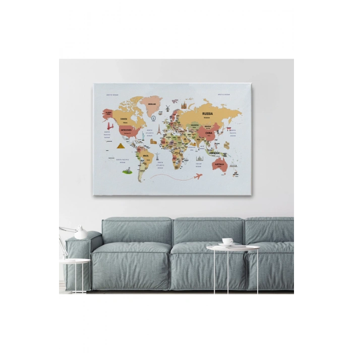Dünya Haritası Dekoratif Kanvas Tablo Ülke ve Başkentli Öğretici ve Sembollü 2309
