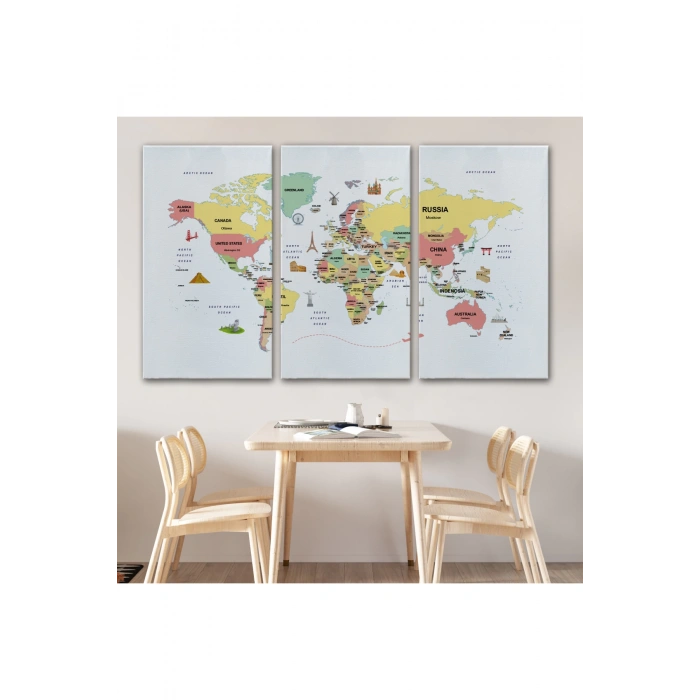 Dünya Haritası Dekoratif Kanvas Tablo Ülke ve Başkentli Öğretici ve Sembollü 2313