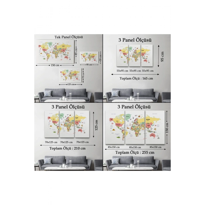 Dünya Haritası Dekoratif Kanvas Tablo Ülke ve Başkentli Öğretici ve Sembollü 2313
