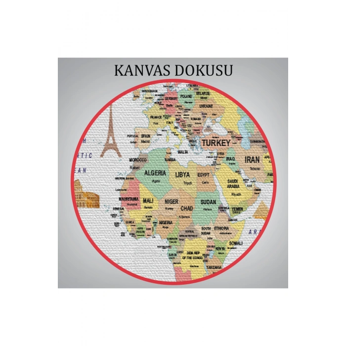 Dünya Haritası Dekoratif Kanvas Tablo Ülke ve Başkentli Öğretici ve Sembollü 2313