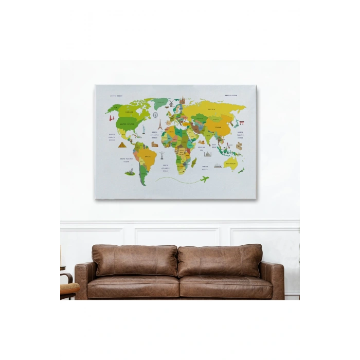 Dünya Haritası Dekoratif Kanvas Tablo Ülke ve Başkentli Öğretici ve Sembollü 2325