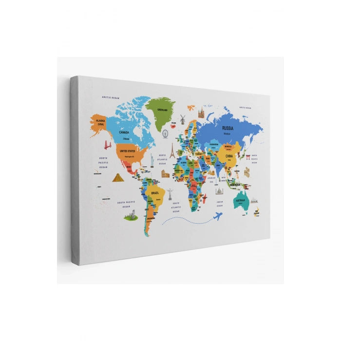Dünya Haritası Dekoratif Kanvas Tablo Ülke ve Başkentli Öğretici ve Sembollü 2335