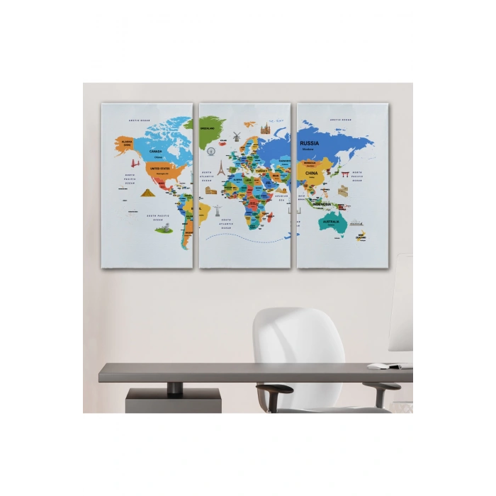 Dünya Haritası Dekoratif Kanvas Tablo Ülke ve Başkentli Öğretici ve Sembollü 2335