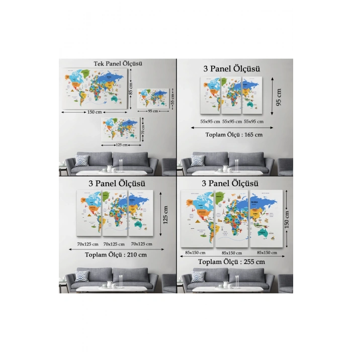 Dünya Haritası Dekoratif Kanvas Tablo Ülke ve Başkentli Öğretici ve Sembollü 2335