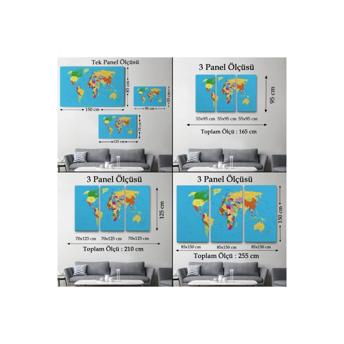 Dünya Haritası Detaylı Dekoratif Kanvas Tablo 1058
