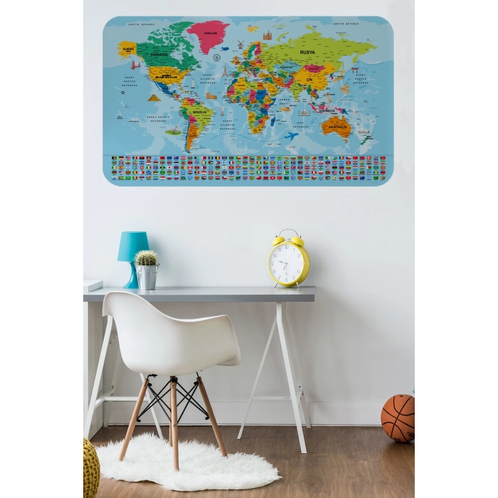 Dünya Haritası Eğitici Ülke Bayraklı Türkçe Harita Çocuk ve Genç Odası Duvar Sticker-60x105-3865B