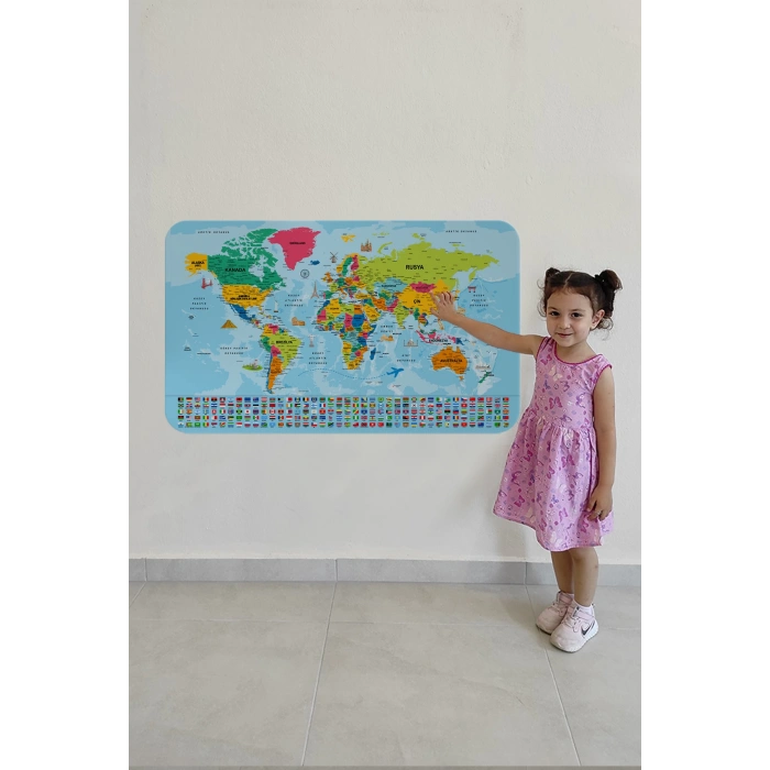 Dünya Haritası Eğitici Ülke Bayraklı Türkçe Harita Çocuk ve Genç Odası Duvar Sticker-60x105-3865B