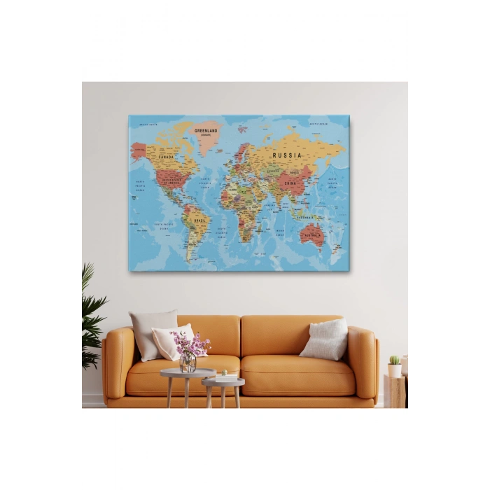 Dünya Haritası Kanvas Tablo Çok Ayrıntılı Dekoratif ve Okyanuslu 2163