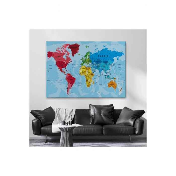 Dünya Haritası Kanvas Tablo Çok Ayrıntılı Dekoratif ve Okyanuslu 2181