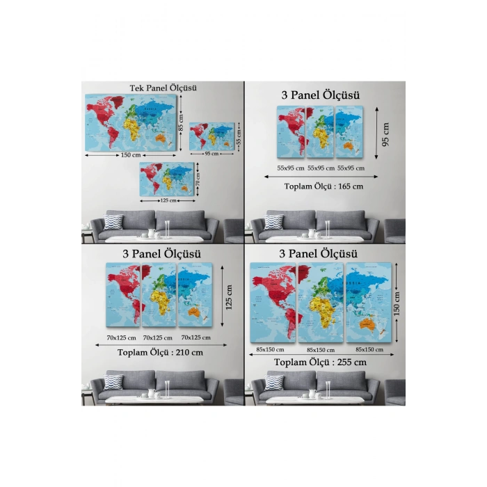 Dünya Haritası Kanvas Tablo Çok Ayrıntılı Dekoratif ve Okyanuslu 2181