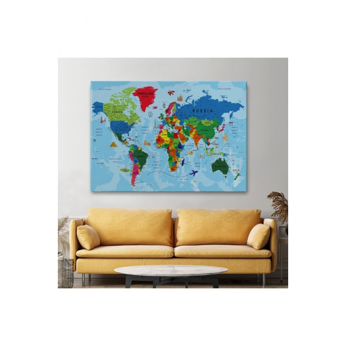 Dünya Haritası Kanvas Tablo Çok Ayrıntılı Dekoratif ve Okyanuslu2037