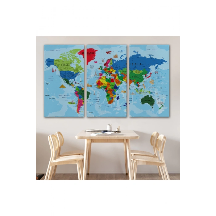 Dünya Haritası Kanvas Tablo Çok Ayrıntılı Dekoratif ve Okyanuslu2037
