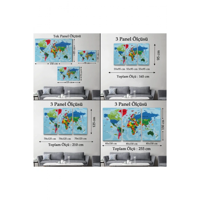 Dünya Haritası Kanvas Tablo Çok Ayrıntılı Dekoratif ve Okyanuslu2037