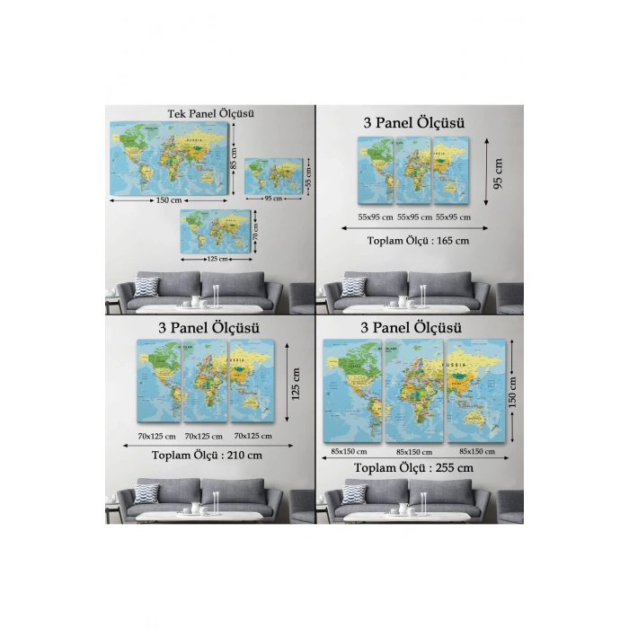Dünya Haritası Kanvas Tablo Çok Ayrıntılı Dekoratif ve Okyanuslu2151