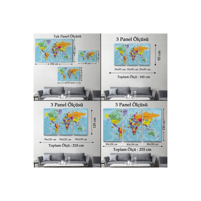Dünya Haritası Kanvas Tablo Son Derece Detaylı Dekoratif Okyanuslu-1990