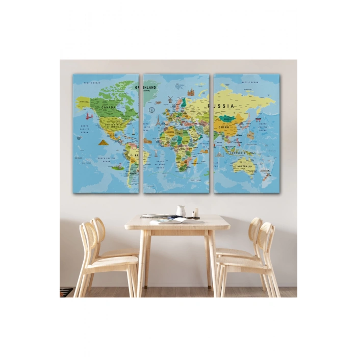 Dünya Haritası Kanvas Tablo Son Derece Detaylı Dekoratif Okyanuslu-1992