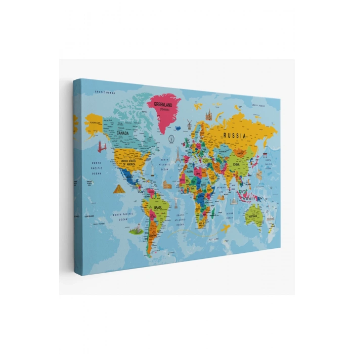 Dünya Haritası Kanvas Tablo Son Derece Detaylı Dekoratif Okyanuslu-2023