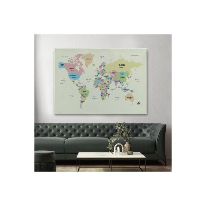 Dünya Haritası Kanvas Tablo  Ülke Başkent Detaylı ve Dekoratif 2603
