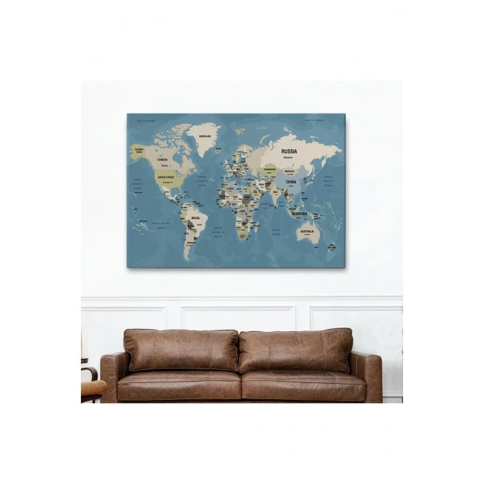 Dünya Haritası Kanvas Tablo  Ülke Başkentli ve Okyanus Detaylı Tablo 2743