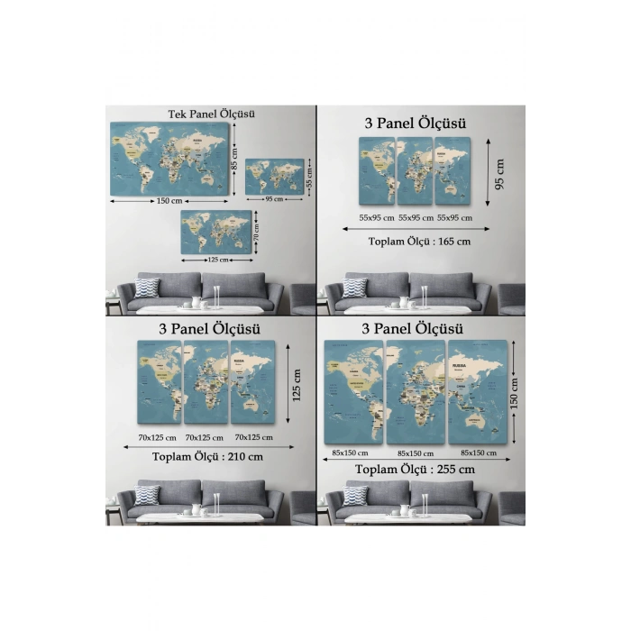 Dünya Haritası Kanvas Tablo  Ülke Başkentli ve Okyanus Detaylı Tablo 2743
