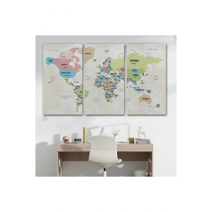 Dünya Haritası Kanvas Tablo  Ülke Başkentli ve Okyanus Detaylı Tablo 2749