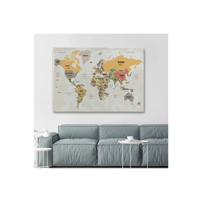 Dünya Haritası Kanvas Tablo  Ülke Başkentli ve Okyanus Detaylı Tablo2751