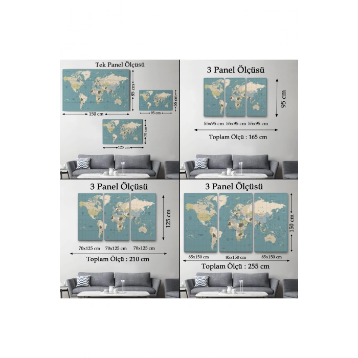 Dünya Haritası Meridyenli  Dekoratif Kanvas Tablo 1070