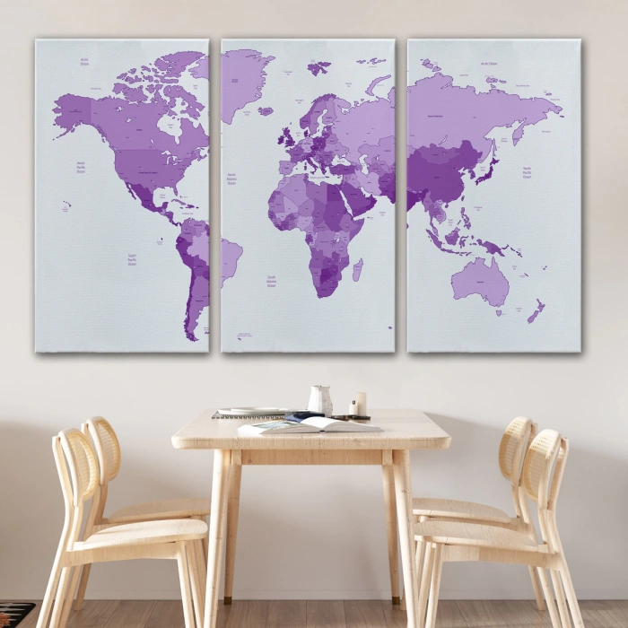 Dünya Haritası Mor Renkli Dekoratif Kanvas Tablo 1044