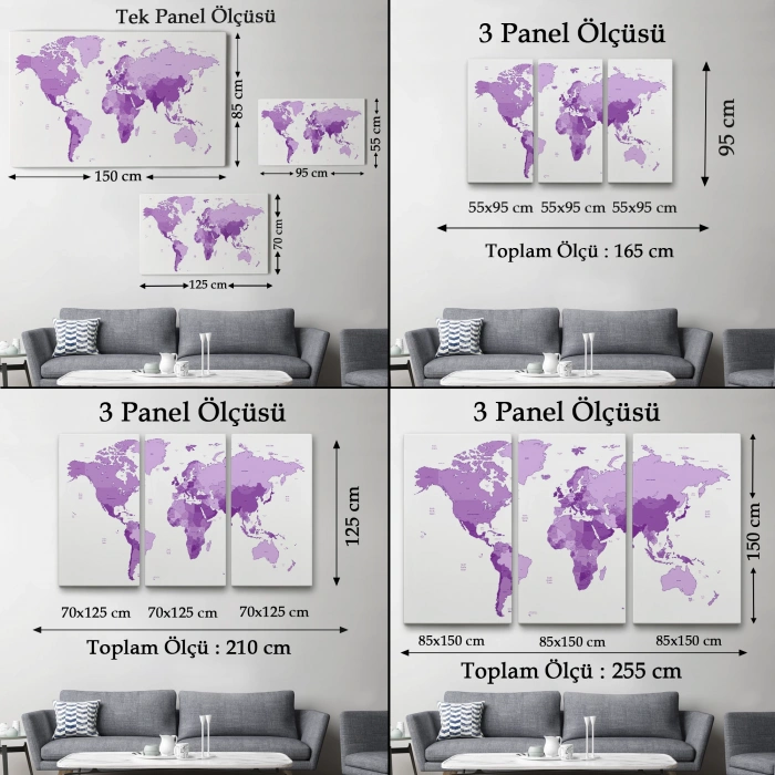 Dünya Haritası Mor Renkli Dekoratif Kanvas Tablo 1044