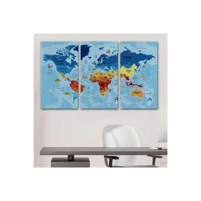 Dünya Haritası Sembollü ve Okyanuslu Dekoratif Kanvas Tablo 2423