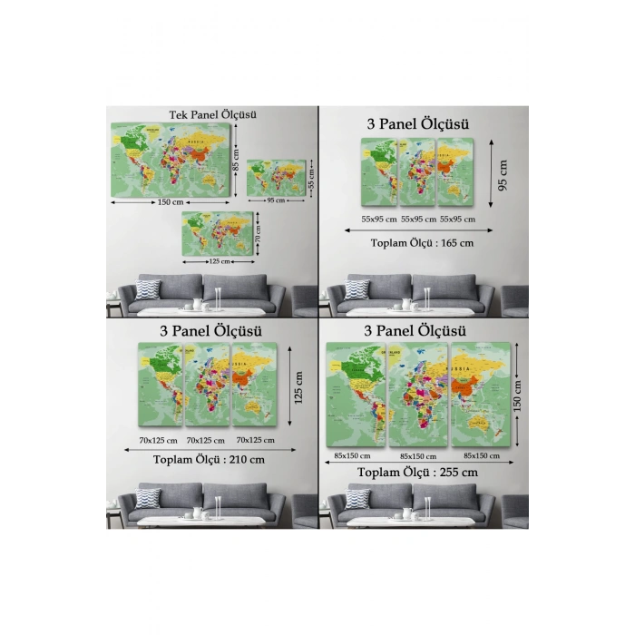 Dünya Haritası Son Derece Ayrıntılı Eğitici Okyanuslu Dekoratif Kanvas Tablo 2511