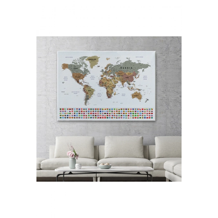 Dünya Haritası Son Derece Ayrıntılı Eğitici  ve Bayraklı Dekoratif Kanvas Tablo2808
