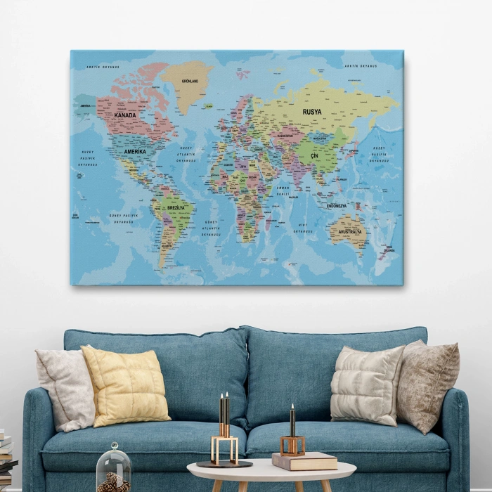 Dünya Haritası Türkçe Kanvas Tablo Ayrıntılı Dekoratif-Okyanuslu 2160