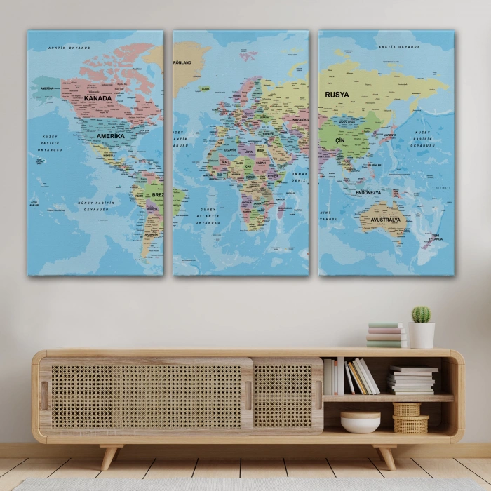 Dünya Haritası Türkçe Kanvas Tablo Ayrıntılı Dekoratif-Okyanuslu 2160