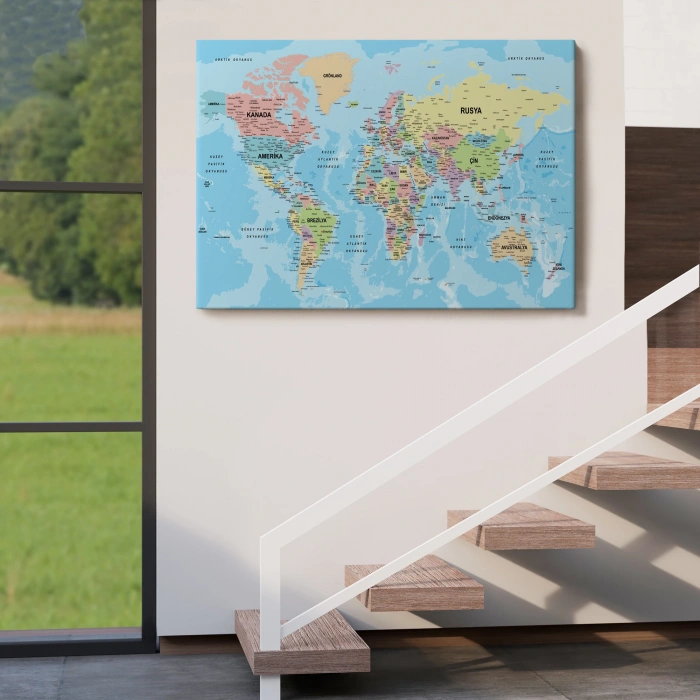 Dünya Haritası Türkçe Kanvas Tablo Ayrıntılı Dekoratif-Okyanuslu 2160