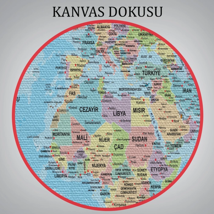 Dünya Haritası Türkçe Kanvas Tablo Ayrıntılı Dekoratif-Okyanuslu 2160