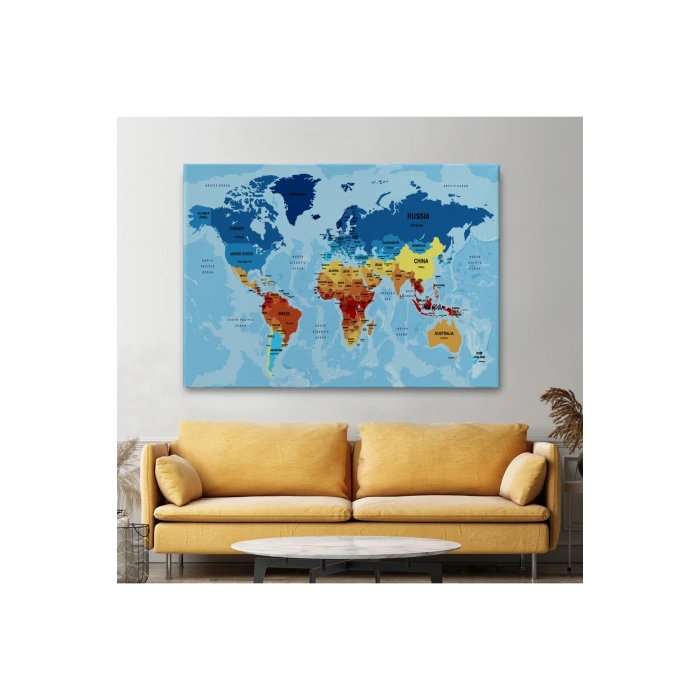 Dünya Haritası Ülke Başkentli Okyanuslu ve Dekoratif Kanvas Tablo 2195