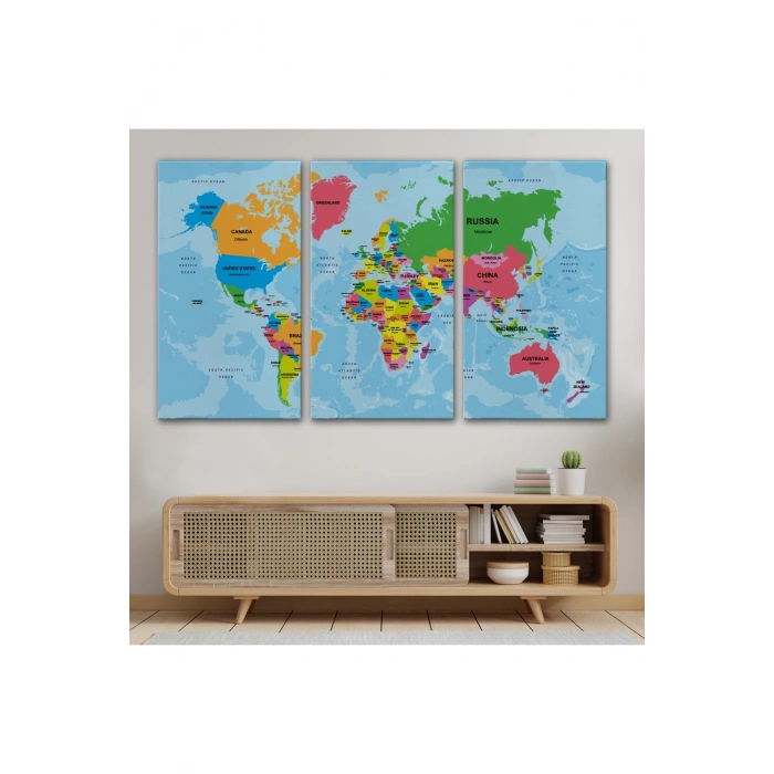 Dünya Haritası Ülke Başkentli Okyanuslu ve Dekoratif Kanvas Tablo 2201