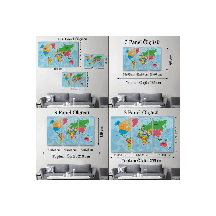 Dünya Haritası Ülke Başkentli Okyanuslu ve Dekoratif Kanvas Tablo 2201