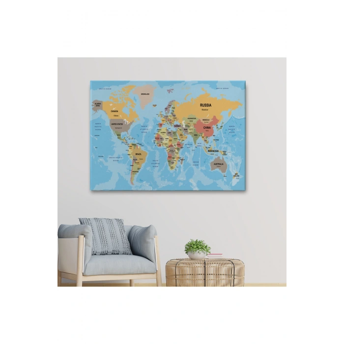 Dünya Haritası Ülke Başkentli Okyanuslu ve Dekoratif Kanvas Tablo 2229